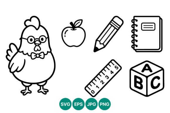 Chicken with School Supplies Line Art