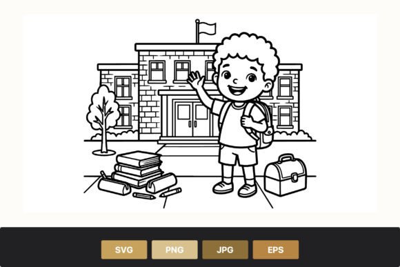 Happy Boy with Backpack Waving at School: A Designer's Take