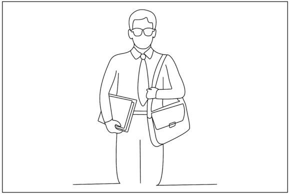 Male Teacher Glasses Books Bag Line Art