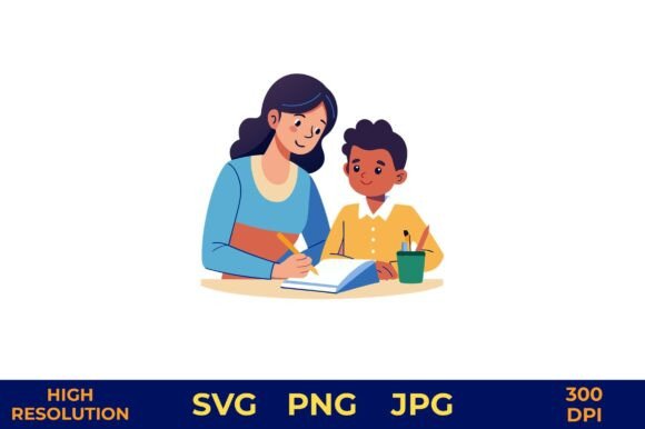 Woman Guiding Child Through School in Embroidery